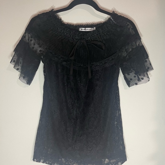 red leaf Tops - Elegant Black Lace Blouse with Bow Detail